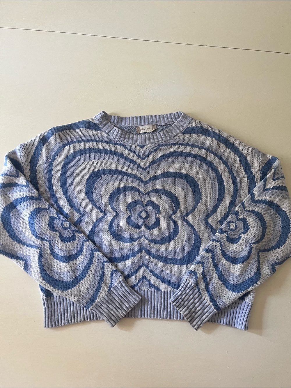 Altar'd State Light Blue & Blue Floral Heart Crewneck Sweater